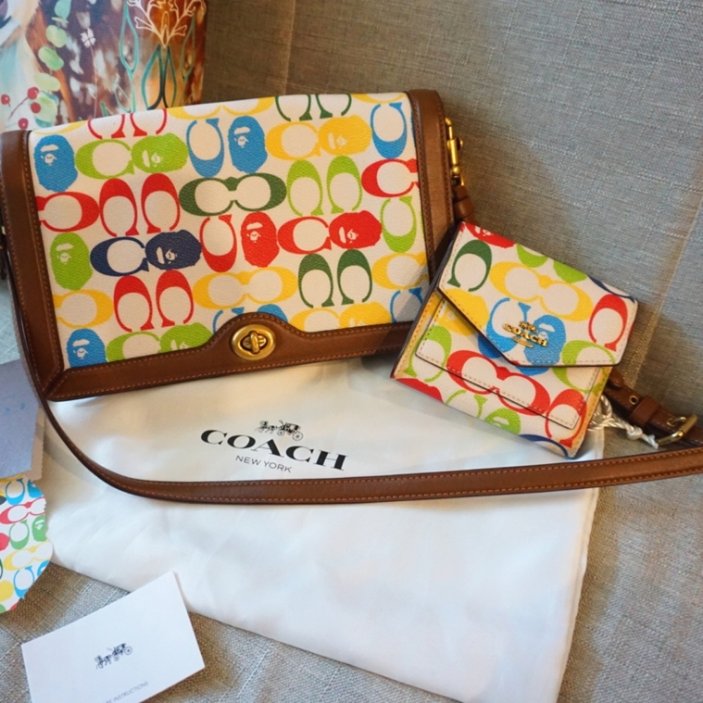 Coach x Bape signature Riley flap bag compact canvas wallet bundle